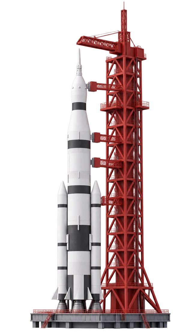Raketa Saturn V pri červenej štartovacej veži